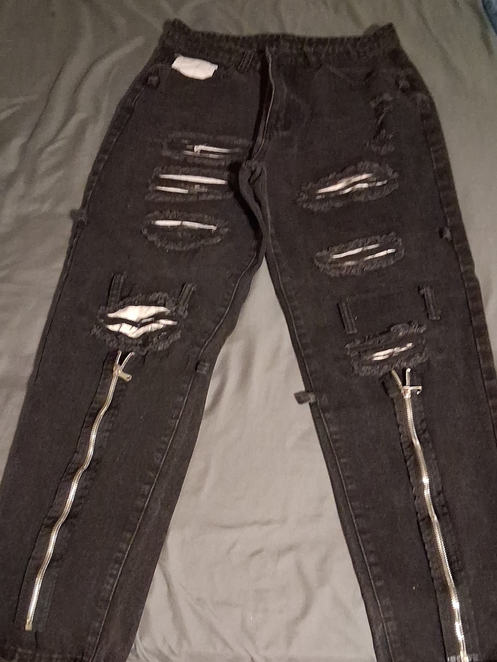 Black Ripped Boyfriend Jeans with Front Zippers
